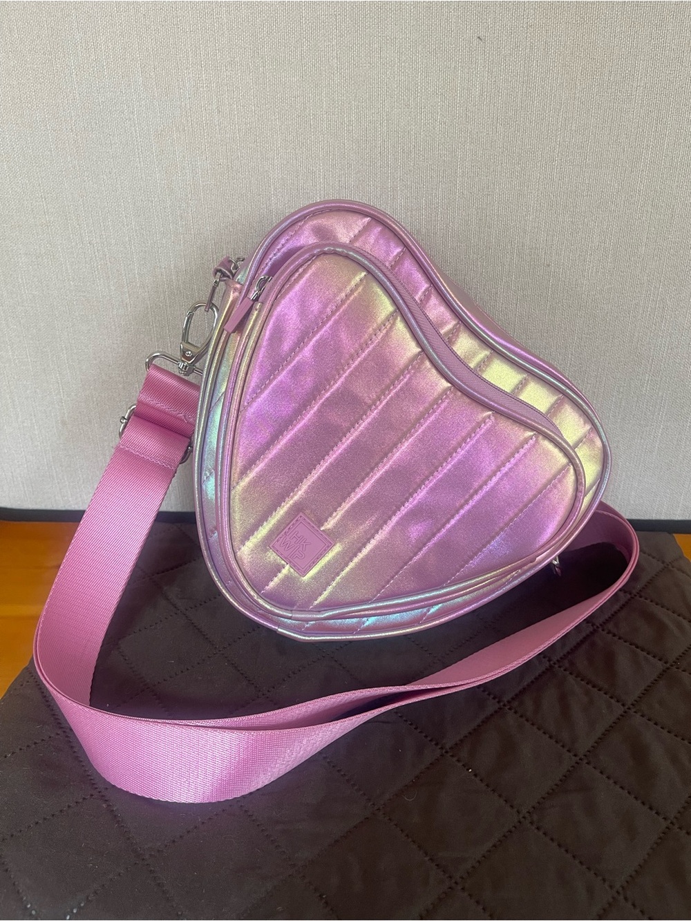 Iridescent Pink Heart Crossbody Bag with Wide Strap